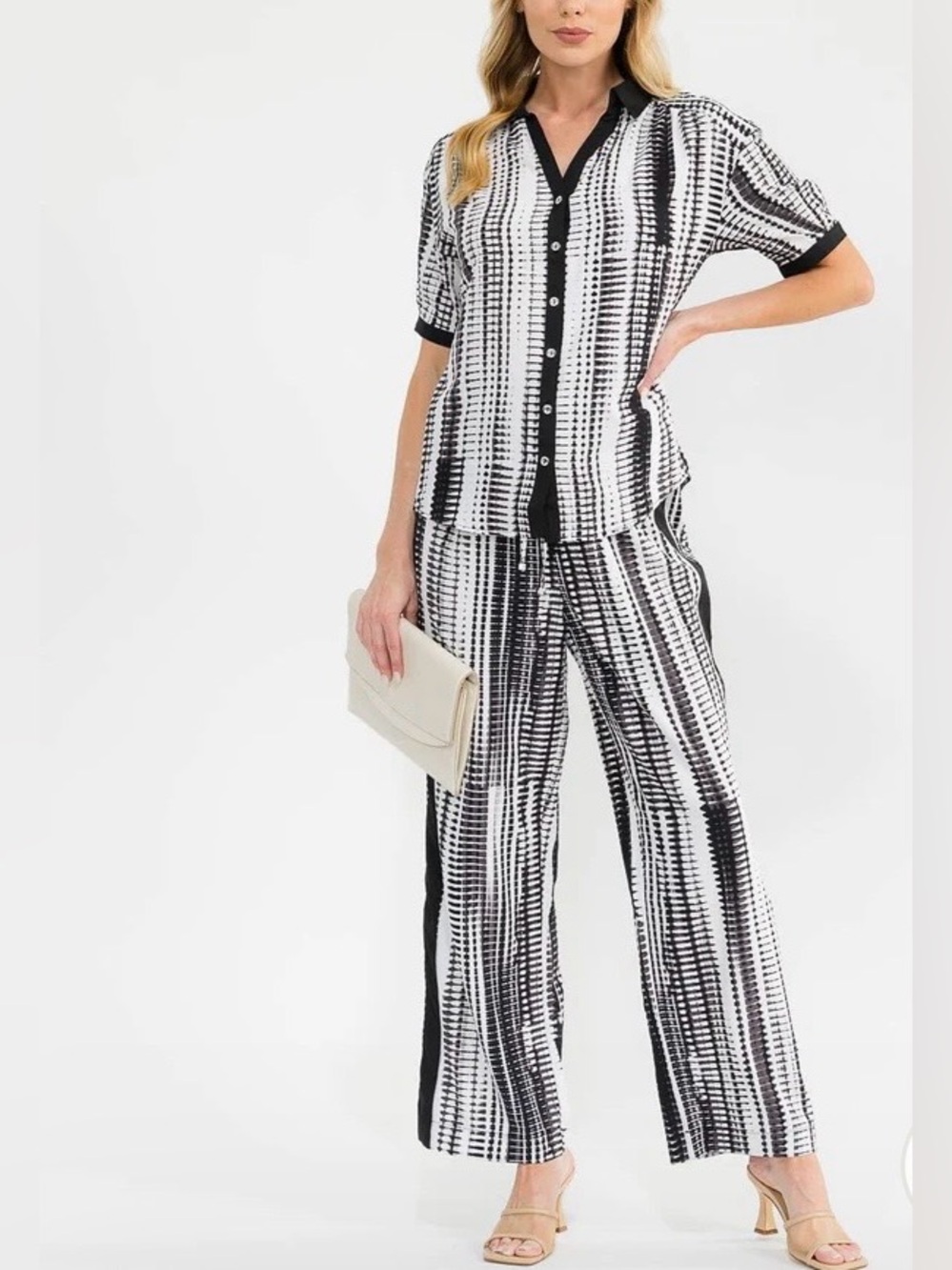 1165. 🩷Women's Black & White Striped Drawstring Wide-Leg Two Piece Set - Picture 2 of 4